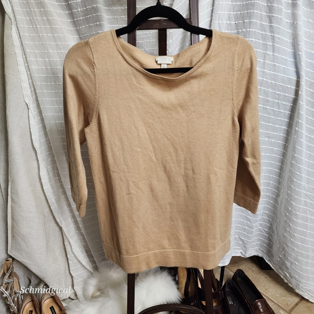 Talbots Petite Cashmere Silk Blend Boatneck Sweater Camel Tan 3/4 Sleeve SP